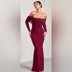 Club L London Off-Shoulder Long Sleeve Maxi Dress in Burgundy
